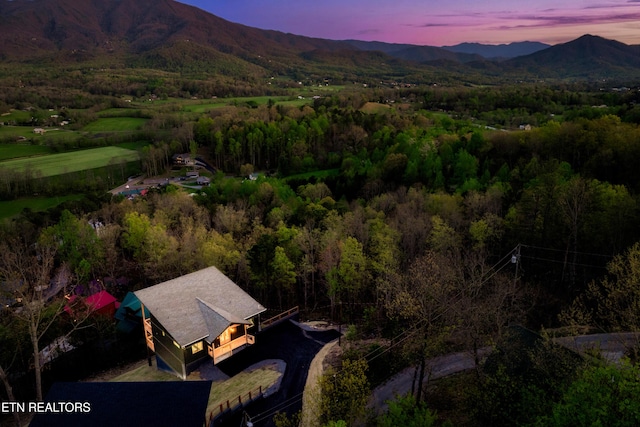 aerial view featuring a mountain view and a view of trees