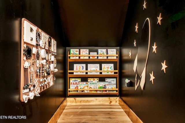 interior space featuring lofted ceiling, baseboards, and wood finished floors