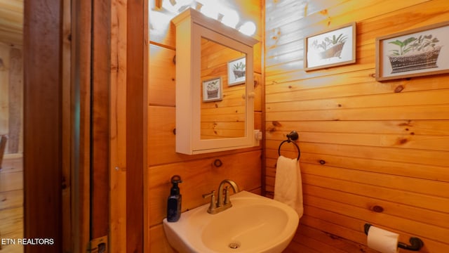 bathroom with wood walls and a sink