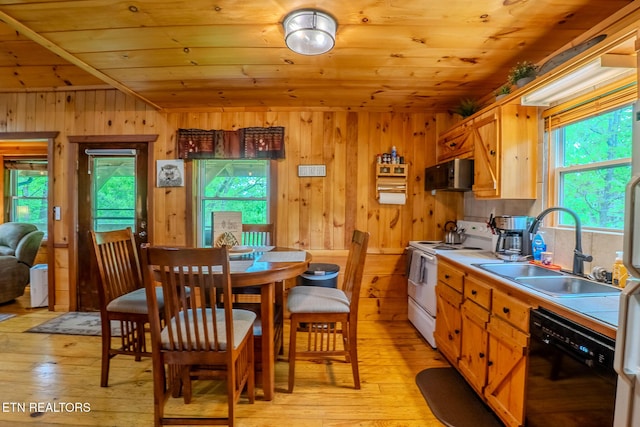 kitchen featuring wood ceiling, wood walls, a sink, white electric range oven, and black dishwasher