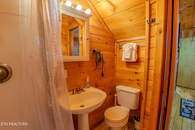bathroom featuring wood walls, a sink, lofted ceiling, and toilet