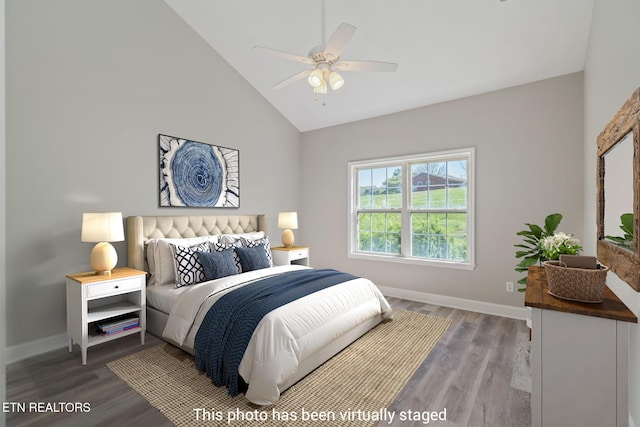 300 Willington Pl, Loudon, TN 37774 - bedroom with baseboards, a ceiling fan, wood finished floors, and high vaulted ceiling