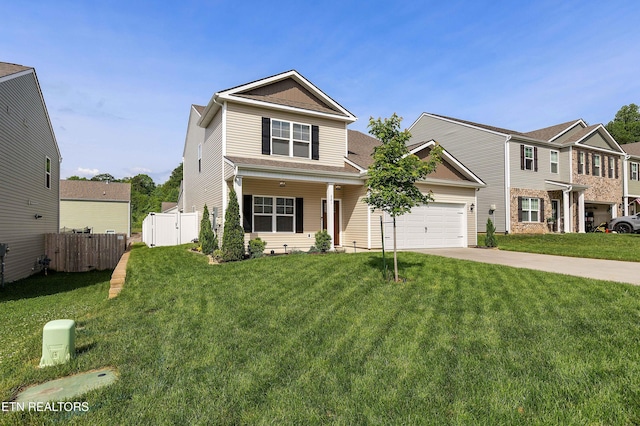 view of front of house featuring concrete driveway, fence, a front lawn, and a garage