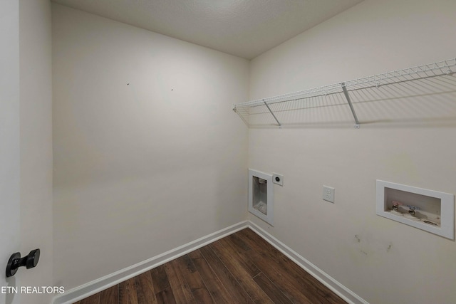 laundry room featuring washer hookup, laundry area, baseboards, electric dryer hookup, and dark wood-style floors