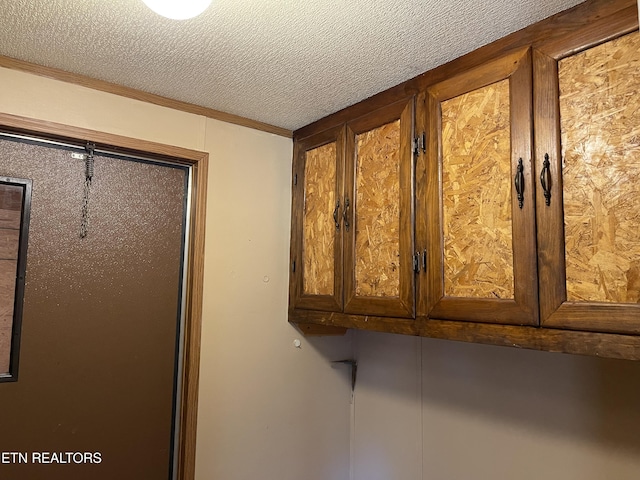room details featuring crown molding and a textured ceiling