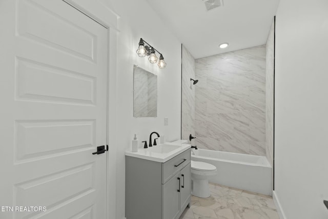 252 Old Middlesboro Hwy, Lafollette, TN 37766 - bathroom featuring vanity, marble finish floor, toilet, visible vents, and bathing tub / shower combination