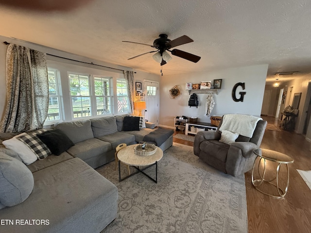 living room featuring a ceiling fan, wood finished floors, and a textured ceiling
