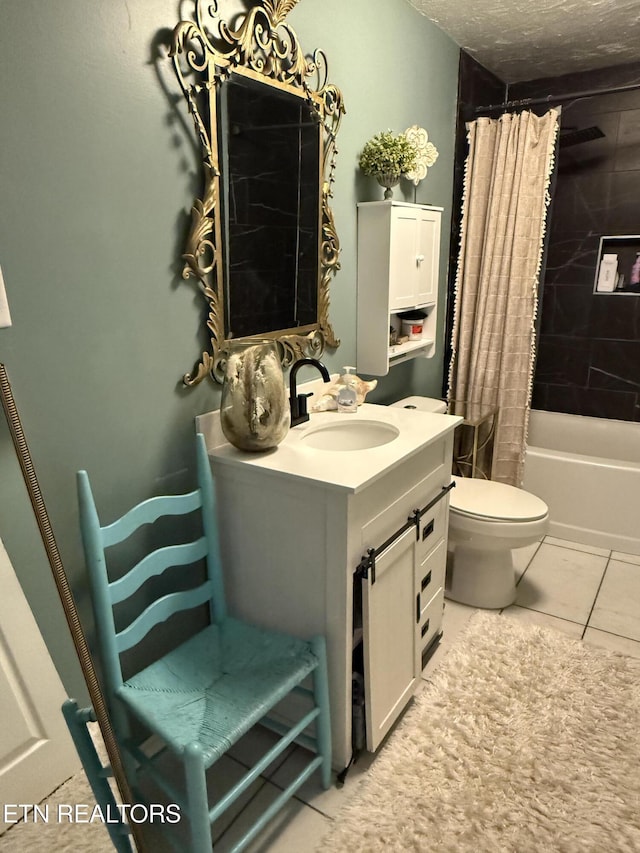 full bath with toilet, shower / tub combo with curtain, a textured ceiling, vanity, and tile patterned flooring