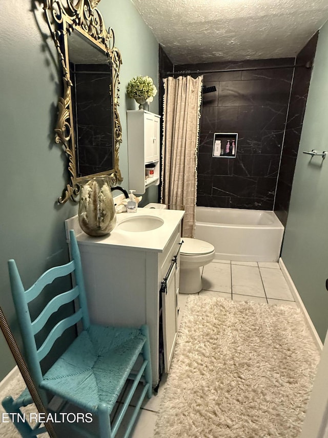 bathroom featuring a textured ceiling, toilet, shower / tub combo with curtain, tile patterned flooring, and vanity
