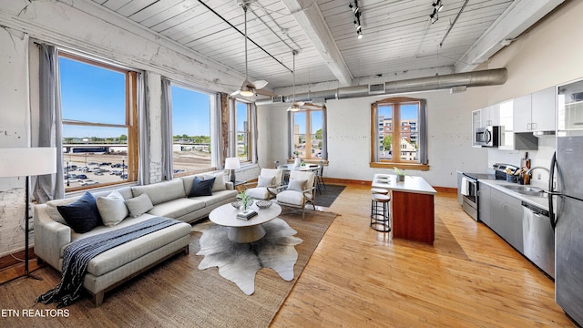 living area featuring light wood-style flooring, visible vents, rail lighting, and a healthy amount of sunlight