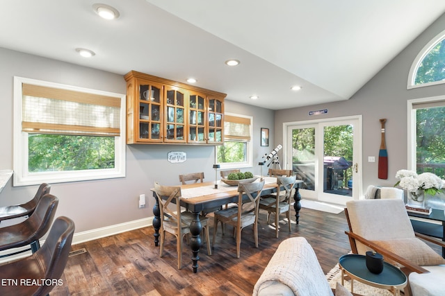 dining area with baseboards, dark wood-type flooring, visible vents, and recessed lighting