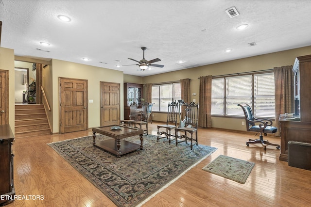 46 Chestnut Dr, Norris, TN 37828 - living area with a textured ceiling, light wood-style flooring, visible vents, and a ceiling fan