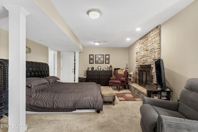544 Mill Creek Rd, Andersonville, TN 37705 - carpeted bedroom featuring a stone fireplace