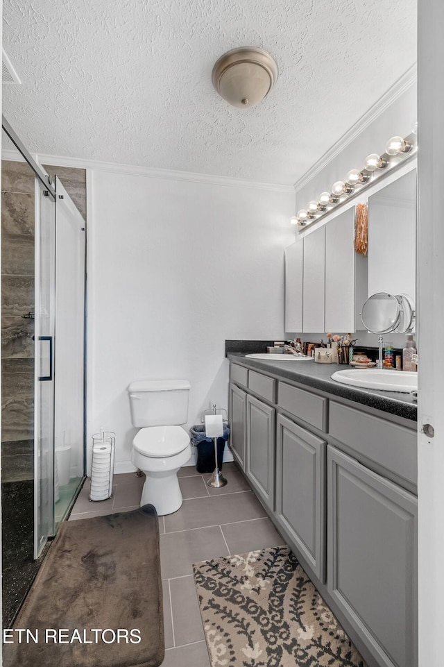 544 Mill Creek Rd, Andersonville, TN 37705 - bathroom with a textured ceiling, tile patterned floors, a stall shower, and ornamental molding