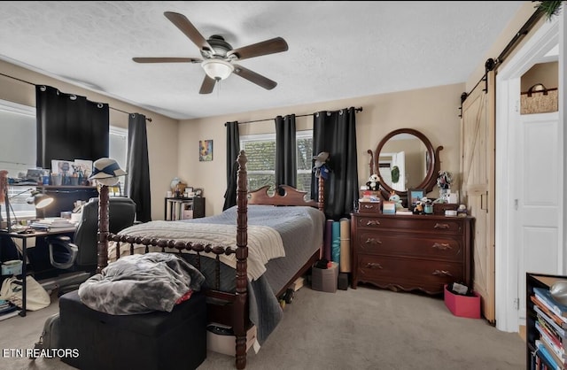 544 Mill Creek Rd, Andersonville, TN 37705 - bedroom featuring a barn door, carpet floors, and a textured ceiling