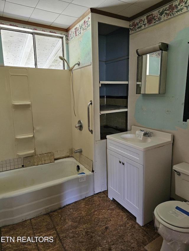 full bathroom with washtub / shower combination, vanity, and toilet