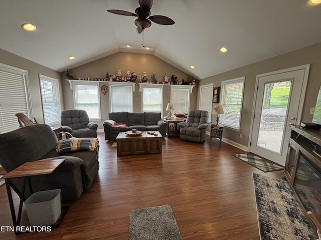 2525 Virgil Rushing Way, Knoxville, TN 37914 - living area featuring dark wood finished floors, a ceiling fan, vaulted ceiling, and a healthy amount of sunlight