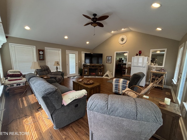 2525 Virgil Rushing Way, Knoxville, TN 37914 - living area with vaulted ceiling, wood finished floors, baseboards, and ceiling fan