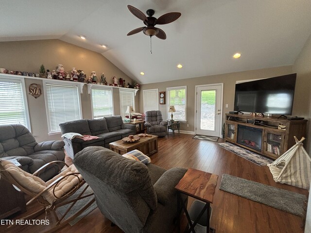 2525 Virgil Rushing Way, Knoxville, TN 37914 - living room with vaulted ceiling, wood finished floors, recessed lighting, and ceiling fan