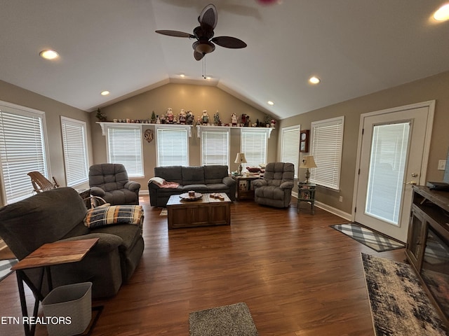 2525 Virgil Rushing Way, Knoxville, TN 37914 - living area with ceiling fan, lofted ceiling, dark wood-style flooring, and recessed lighting