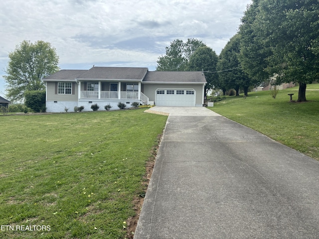 2525 Virgil Rushing Way, Knoxville, TN 37914 - ranch-style house with an attached garage, driveway, a porch, and a front yard