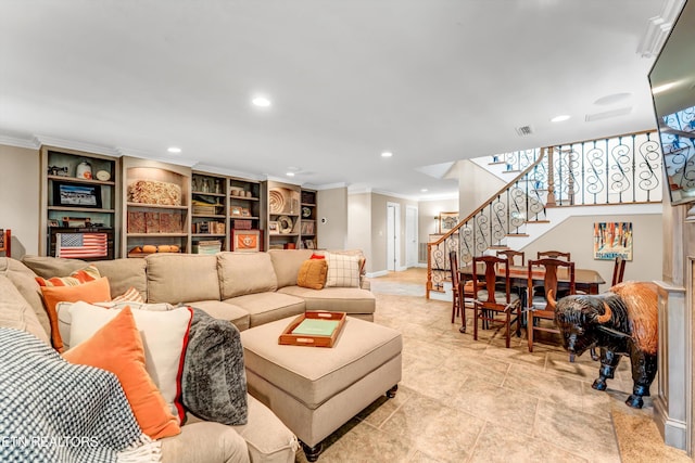 living area with ornamental molding, recessed lighting, stairs, and visible vents