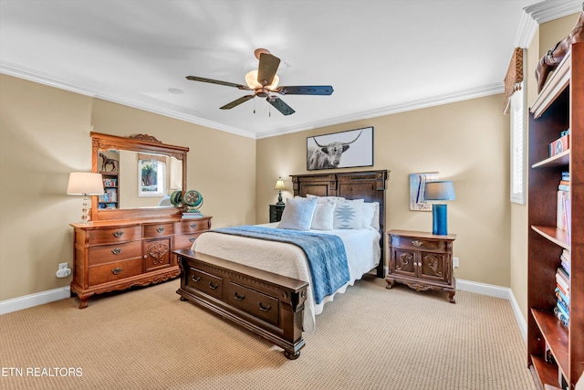 bedroom with baseboards, ornamental molding, a ceiling fan, and light carpet