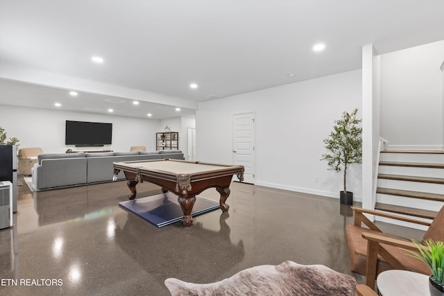recreation room featuring recessed lighting, concrete flooring, and pool table