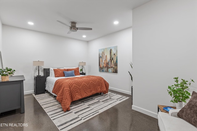 bedroom featuring recessed lighting, a ceiling fan, and baseboards