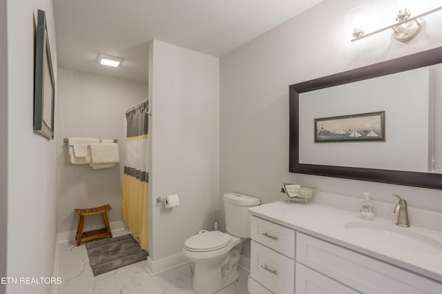 full bathroom featuring a shower with curtain, toilet, baseboards, marble finish floor, and vanity
