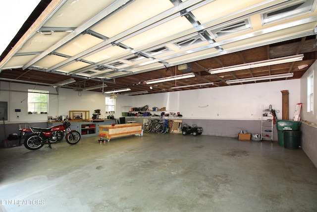 garage with a workshop area