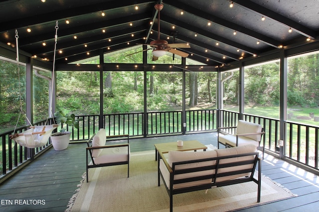 wooden deck featuring ceiling fan and an outdoor hangout area