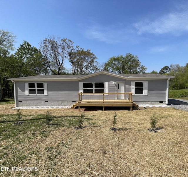 manufactured / mobile home featuring crawl space and a wooden deck