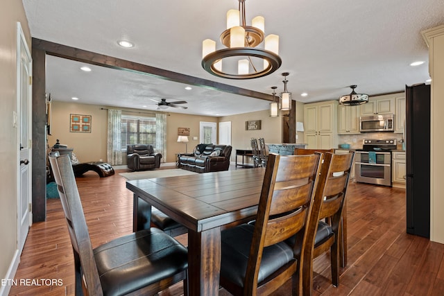 dining room featuring baseboards, recessed lighting, beamed ceiling, ceiling fan, and dark wood-style floors