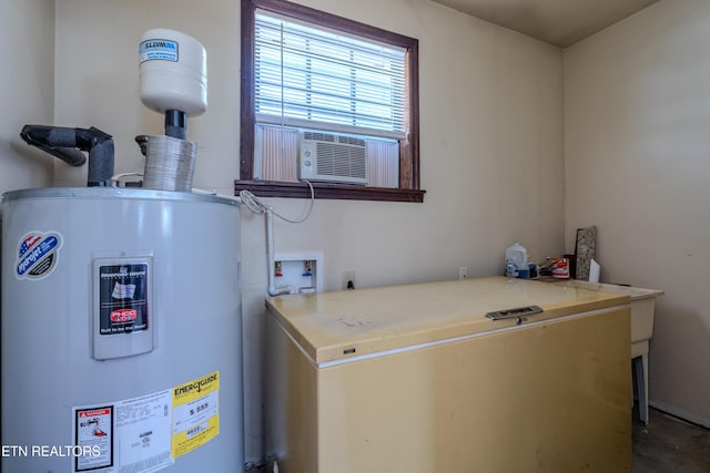 laundry room with washer hookup, electric water heater, cooling unit, and laundry area