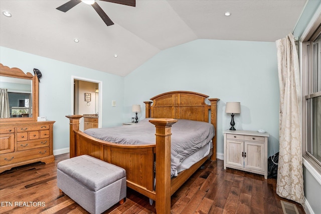 bedroom with dark wood-style floors, vaulted ceiling, visible vents, recessed lighting, and ceiling fan