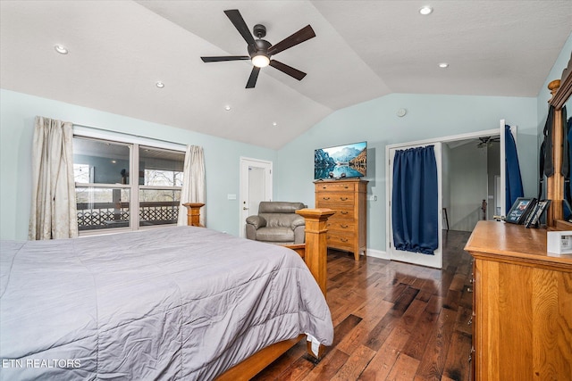 bedroom featuring hardwood / wood-style flooring, ceiling fan, vaulted ceiling, and recessed lighting