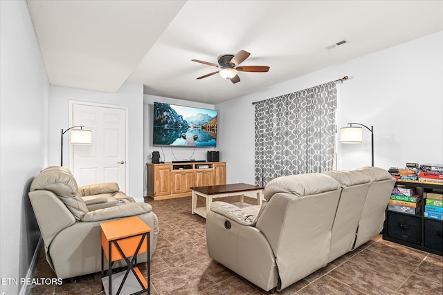 living room with visible vents and ceiling fan