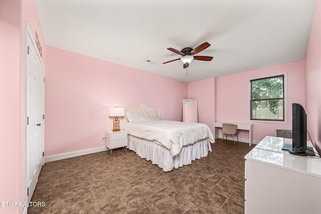 bedroom featuring baseboards, a ceiling fan, and visible vents
