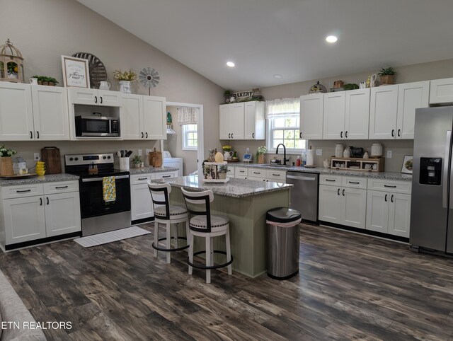kitchen featuring a sink, white cabinetry, lofted ceiling, appliances with stainless steel finishes, and dark wood-type flooring