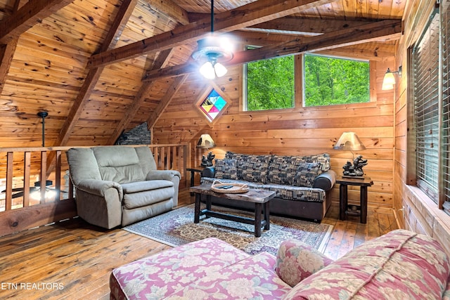 living room featuring wooden walls, wooden ceiling, vaulted ceiling with beams, and hardwood / wood-style flooring