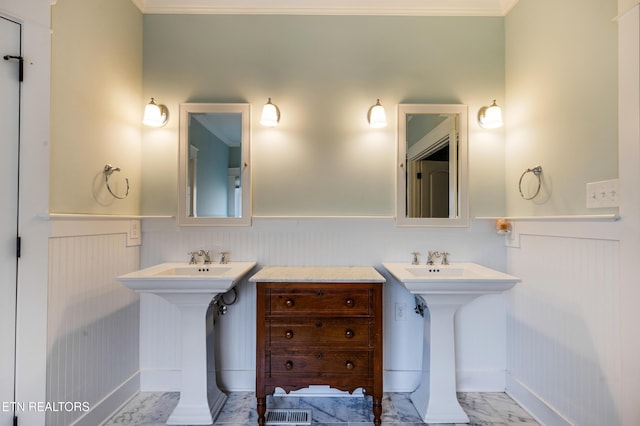 11969 Lakehurst Ln, Knoxville, TN 37934 - bathroom featuring wainscoting, ornamental molding, marble look tiles, and a decorative wall