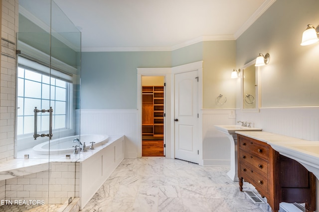 11969 Lakehurst Ln, Knoxville, TN 37934 - bathroom with a wainscoted wall, a bath, vanity, marble finish floors, and crown molding