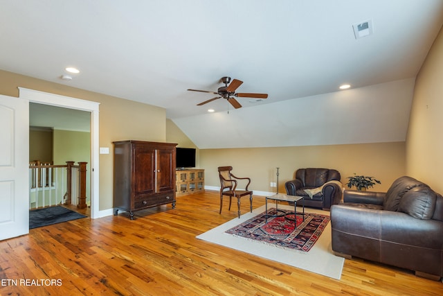 11969 Lakehurst Ln, Knoxville, TN 37934 - sitting room with lofted ceiling, wood finished floors, an upstairs landing, a ceiling fan, and recessed lighting
