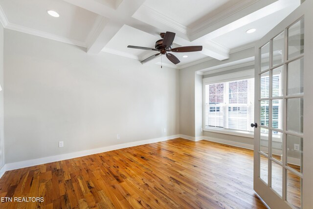 11969 Lakehurst Ln, Knoxville, TN 37934 - spare room with coffered ceiling, ornamental molding, wood finished floors, beamed ceiling, and baseboards