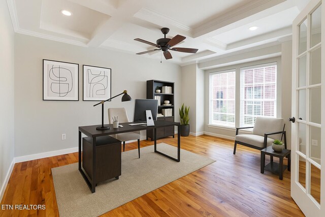 11969 Lakehurst Ln, Knoxville, TN 37934 - home office featuring coffered ceiling, baseboards, wood finished floors, ceiling fan, and beamed ceiling