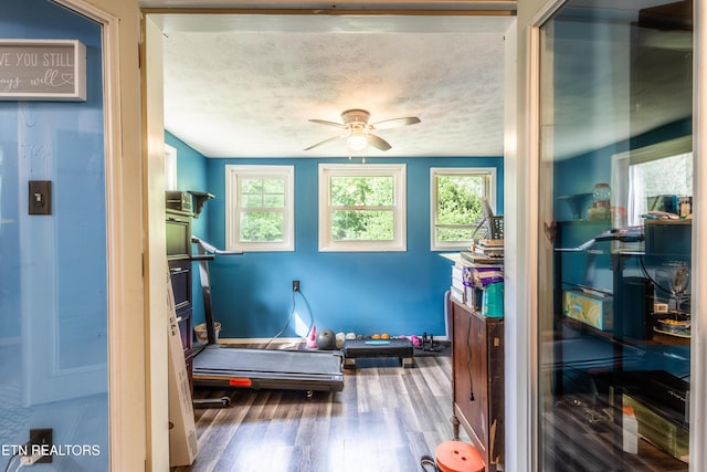workout area featuring baseboards, a ceiling fan, a textured ceiling, and wood finished floors