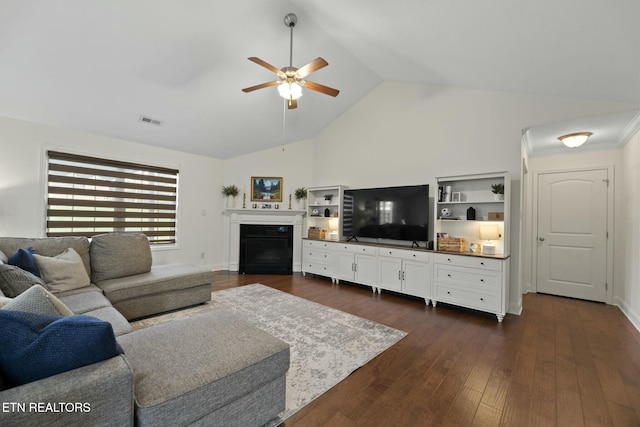 3317 Parrish Hill Ln, Knoxville, TN 37938 - living area with dark wood finished floors, ceiling fan, visible vents, and high vaulted ceiling