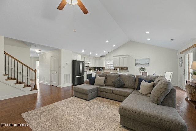 3317 Parrish Hill Ln, Knoxville, TN 37938 - living area with visible vents, a ceiling fan, dark wood-style floors, and stairway