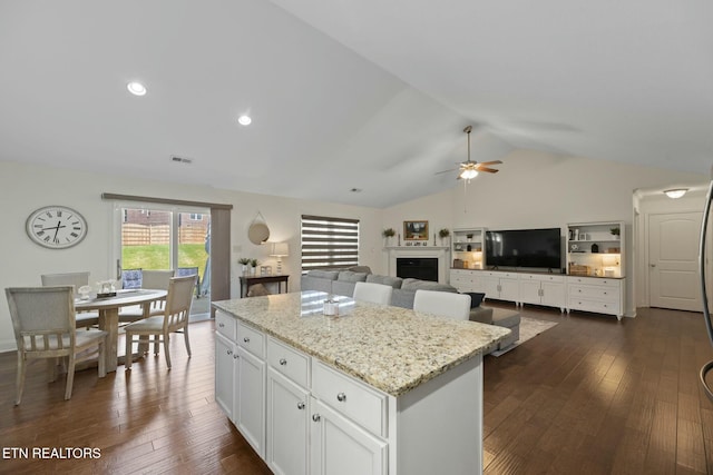 3317 Parrish Hill Ln, Knoxville, TN 37938 - kitchen featuring lofted ceiling, visible vents, light stone countertops, a center island, and ceiling fan